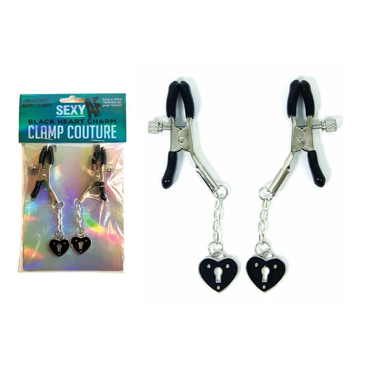 LittleGenie–SexyAFClampCoutureAdjustableNippleClampsBlackHeartCharm(Black/Silver)