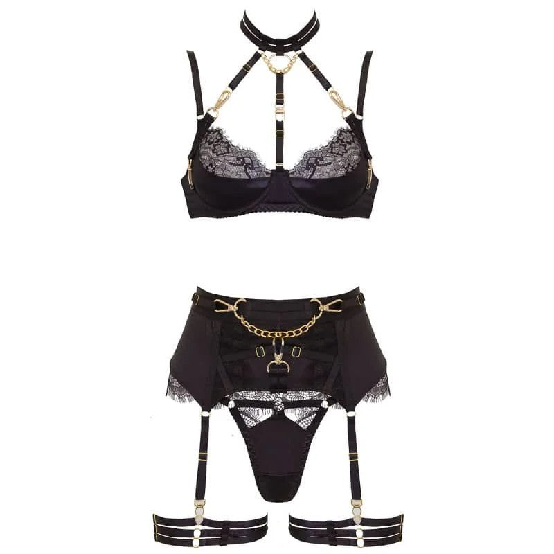 LoveInLeather–5PieceBlackLuxuriousLingerieSet|Large