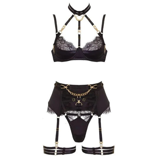 LoveInLeather–5PieceBlackLuxuriousLingerieSet|Large