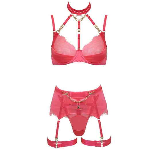 LoveInLeather–5PiecePinkLuxuriousLingerieSet|Small