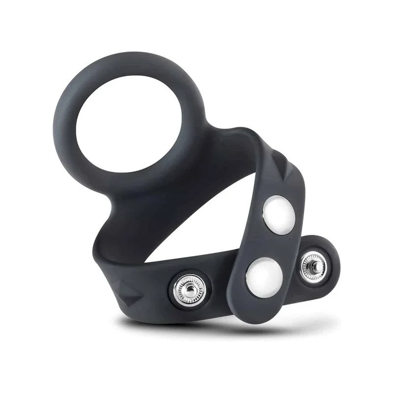 LoveInLeather–AdjustableSiliconeCockRingWithQuickReleaseBallStrap|BlackandChrome