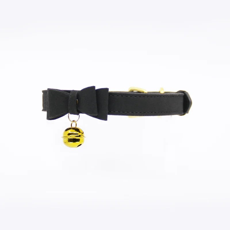 LoveInLeather–BerlinBabyCollarwithBow&CatBell(Black/Gold)