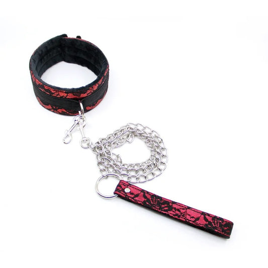 LoveInLeather–BerlinBabyLaceLookFaux-FurLinedCollarwithLeash(Black/Red)