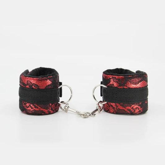 LoveInLeather–BerlinBabySatin&LaceLookVelcroWristCuffs(Black/Red)