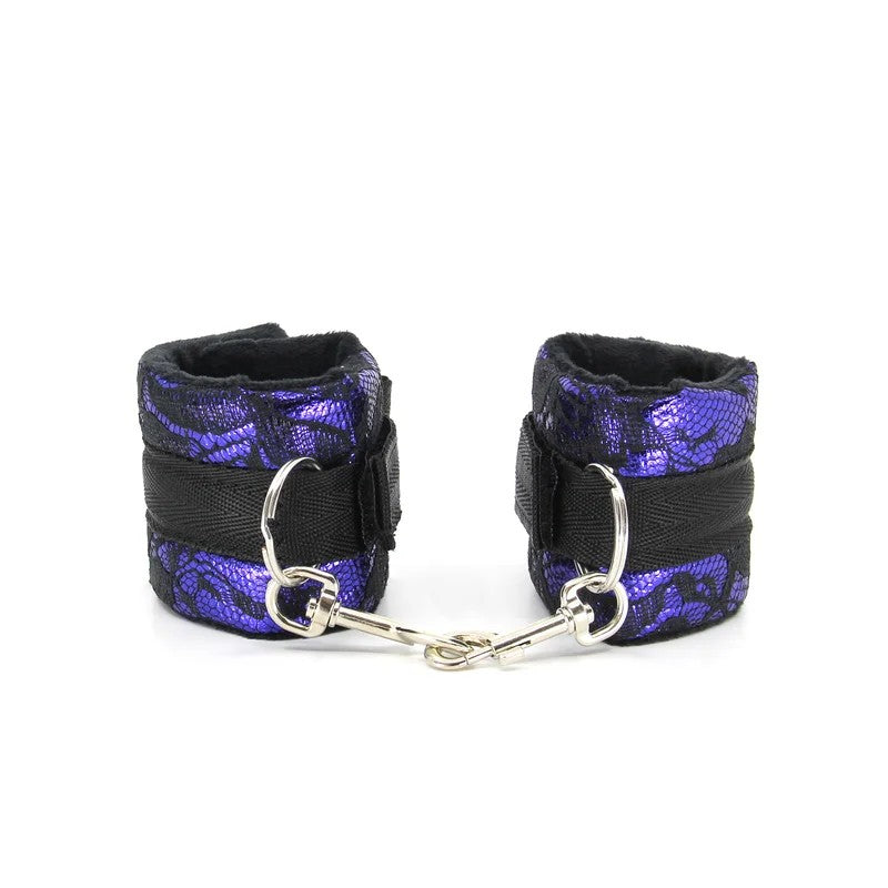 LoveInLeather–BerlinBabySatin&LaceLookVelcroWristCuffs(Black/Purple)