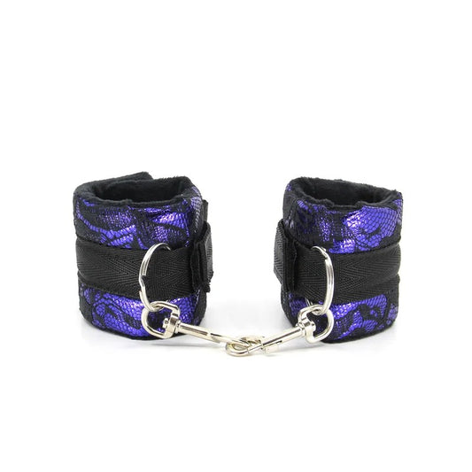 LoveInLeather–BerlinBabySatin&LaceLookVelcroWristCuffs(Black/Purple)