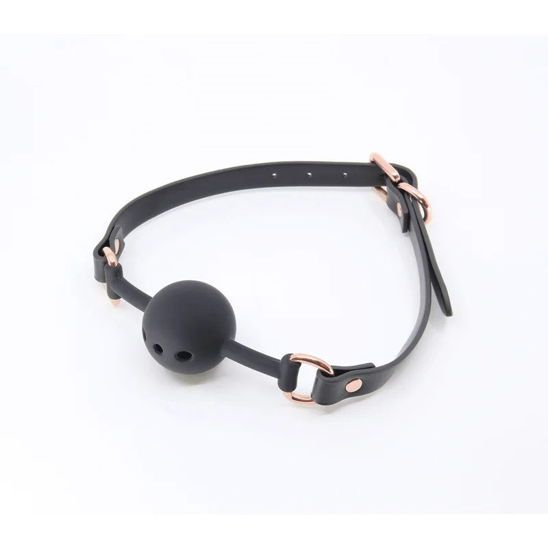 LoveInLeather–BlackFauxLeatherGagWithBreathableSiliconeBall|RoseGoldHardware