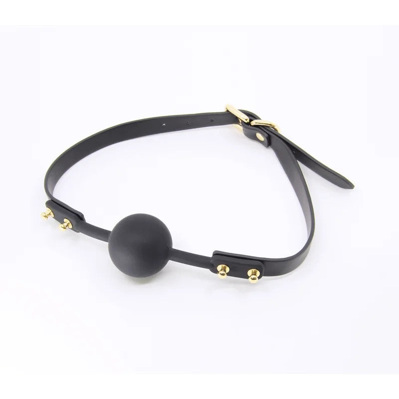 LoveInLeather–BlackFauxLeatherBallGagWithSiliconeBall|GoldHardware