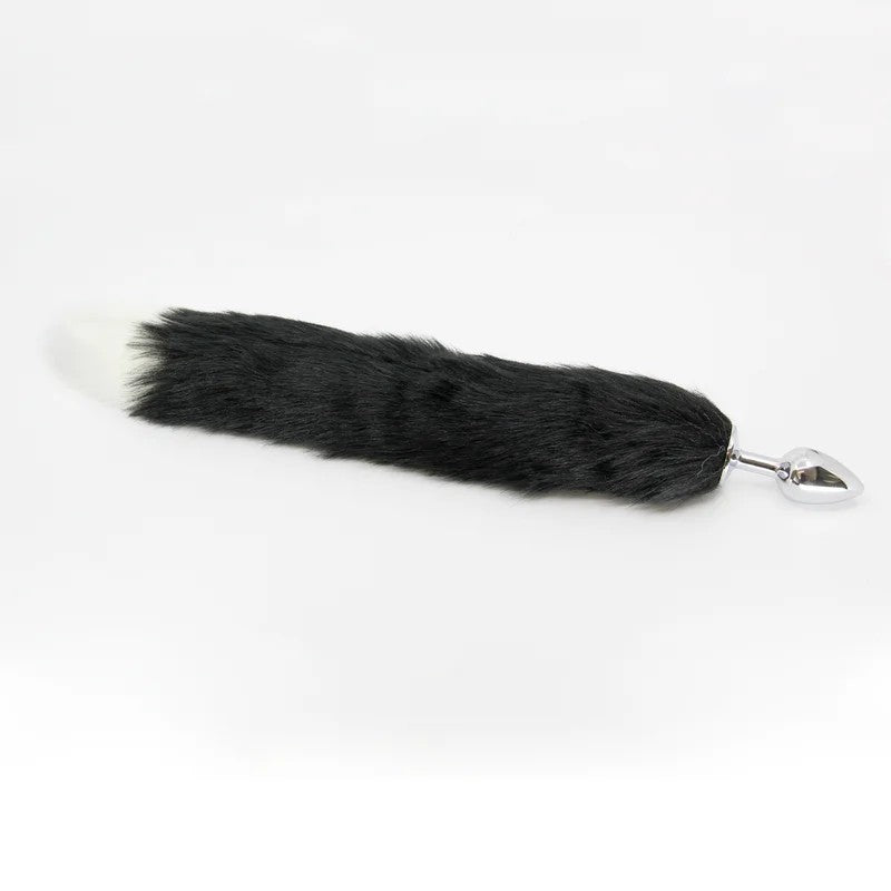 LoveInLeather–BlackwithWhiteTipFoxtailMetalButtPlug(Medium)