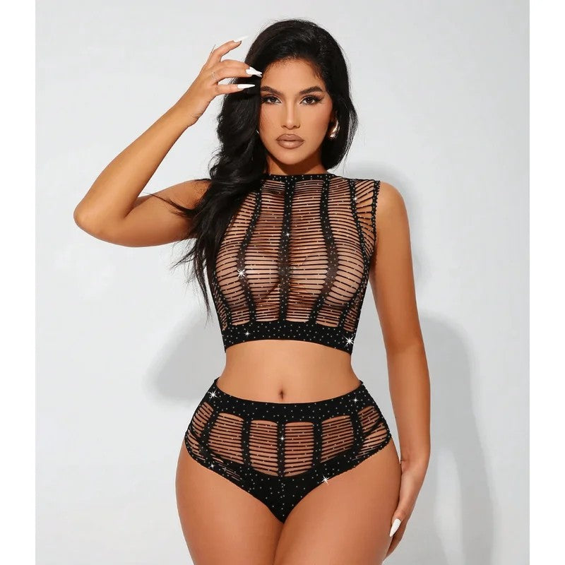 LoveInLeather–Cut-outRhinestoneTwoPieceSet|OneSize