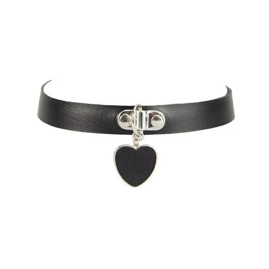 LoveInLeather–FauxLeatherCollarwithSilverandBlackHeart(Black)