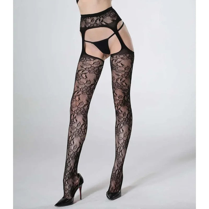 LoveInLeather–FloralFishnetThighHighStockingsw/AttachedGarter|OneSize