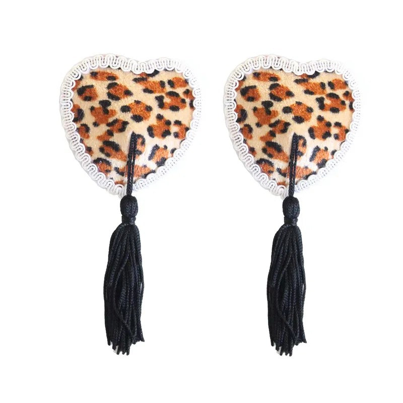LoveinLeather–Heart-ShapedNipplePastieswithTassels(Leopard/White)