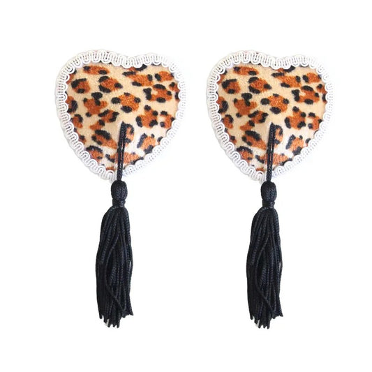 LoveinLeather–Heart-ShapedNipplePastieswithTassels(Leopard/White)