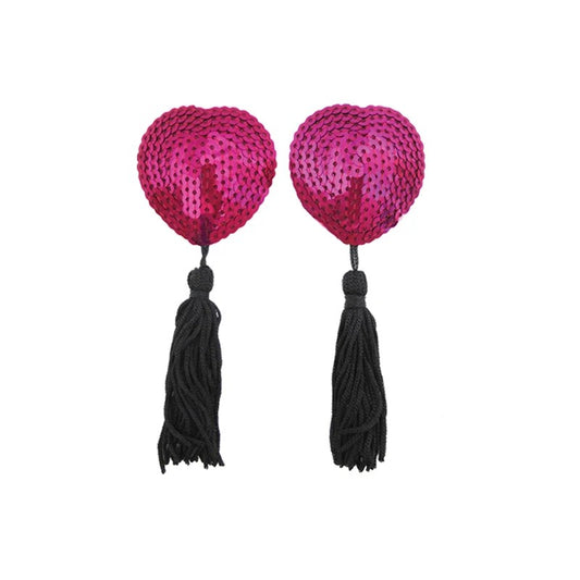 LoveinLeather–Heart-ShapedSequinNipplePastieswithTassels(Pink/Black)