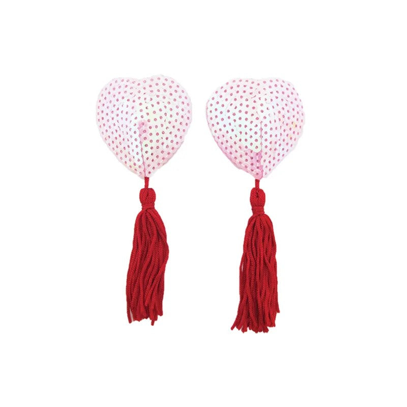 LoveinLeather–Heart-ShapedSequinNipplePastieswithTassels(White/Red)