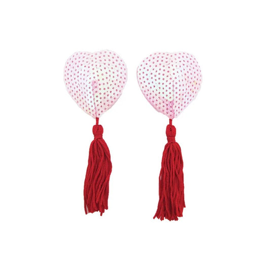 LoveinLeather–Heart-ShapedSequinNipplePastieswithTassels(White/Red)