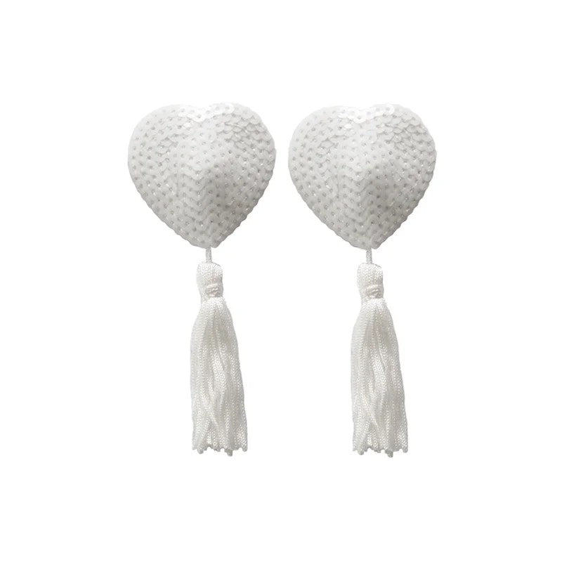 LoveinLeather–Heart-ShapedSequinNipplePastieswithTassels(White/White)