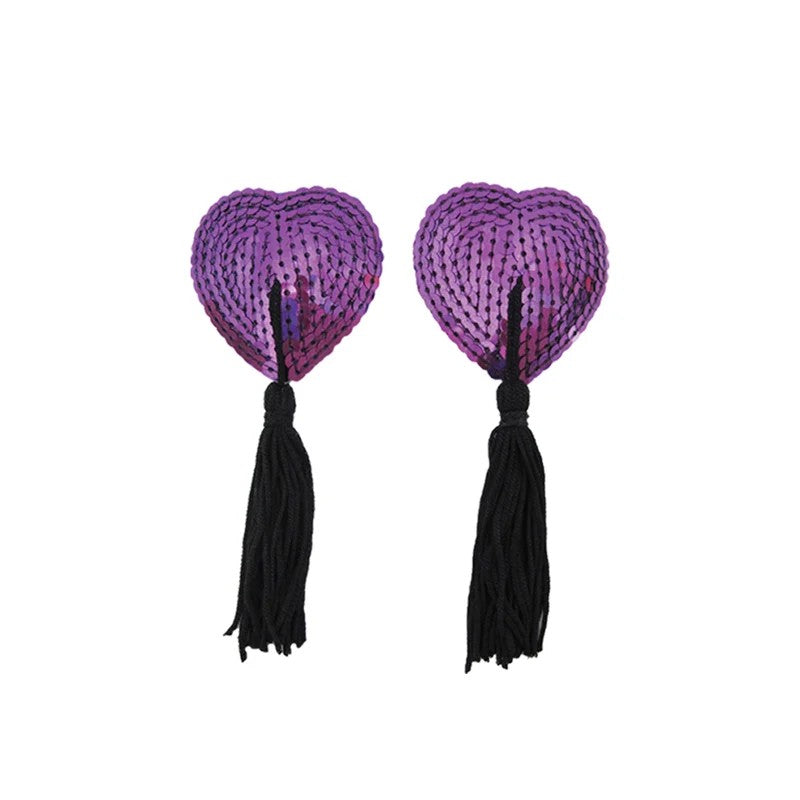 LoveinLeather–Heart-ShapedSequinNipplePastieswithTassels(Purple/Black)