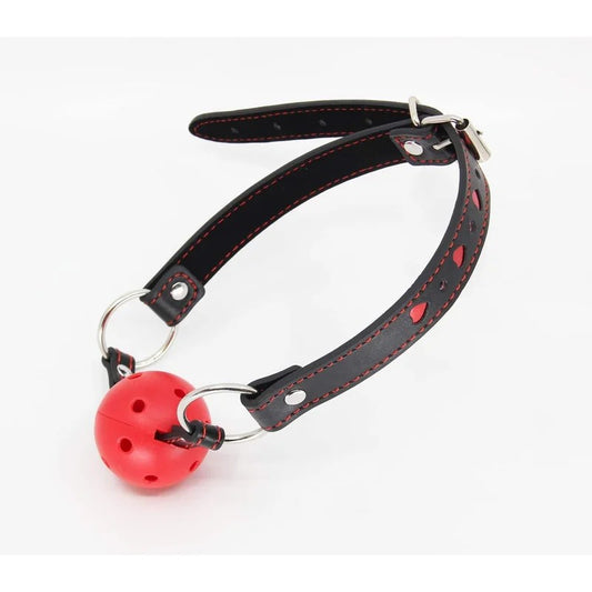 LoveInLeather–HeartDesignFauxLeatherGagWithBreathableBall|BlackandRed
