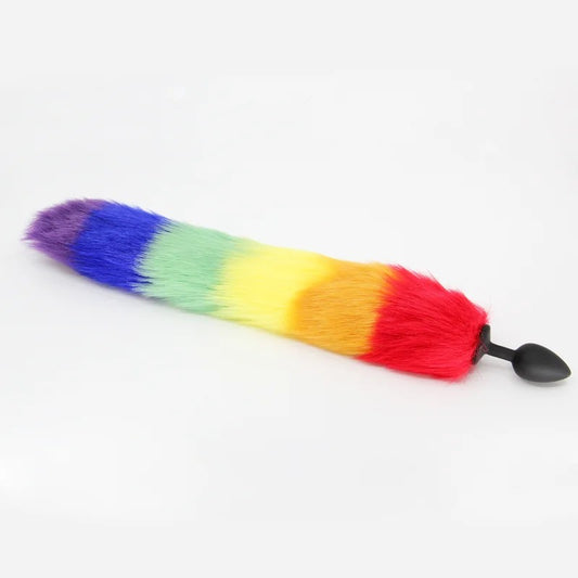 LoveInLeather–PrideRainbowFoxtailSiliconeButtPlug(Small)