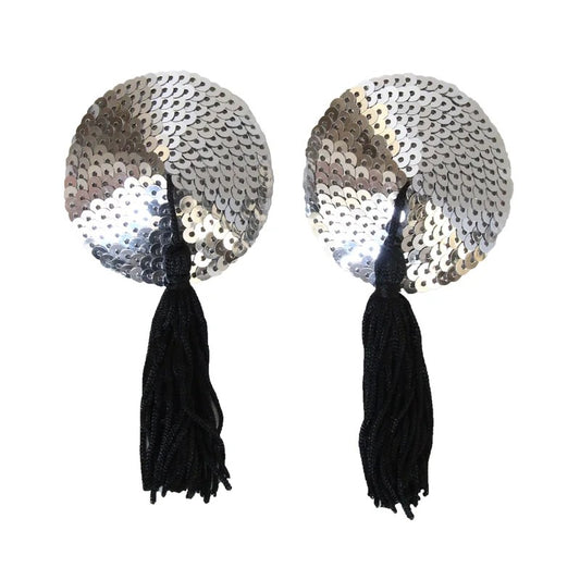 LoveinLeather–RoundSequinNipplePastieswithTassels(Silver/Black)