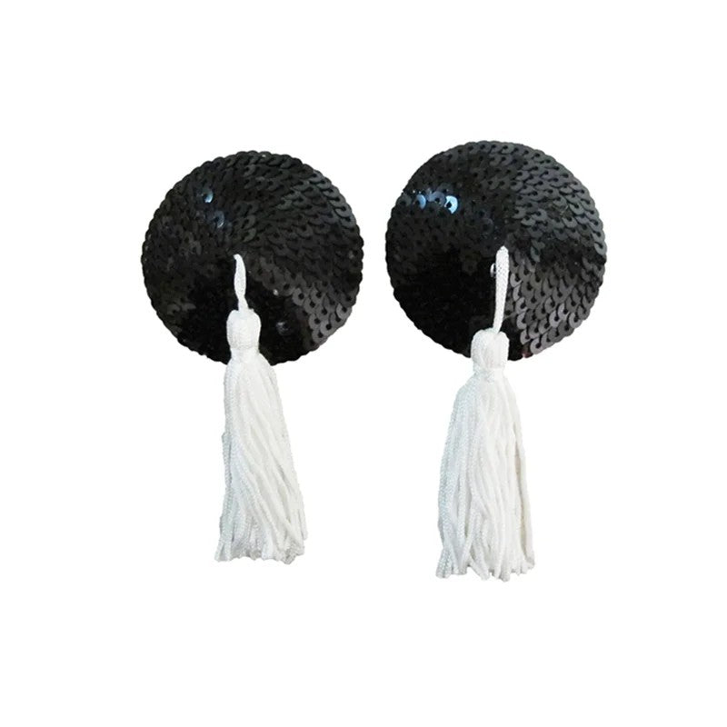 LoveinLeather–RoundSequinNipplePastieswithTassels(Black/White)