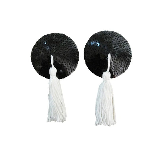 LoveinLeather–RoundSequinNipplePastieswithTassels(Black/White)