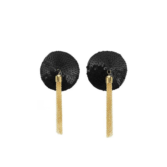 LoveinLeather–RoundSequinNipplePastieswithChainTassels(Black/Gold)