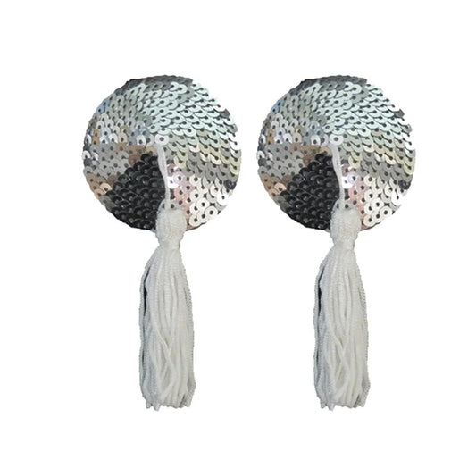 LoveinLeather–RoundSequinNipplePastieswithTassels(Silver/White)