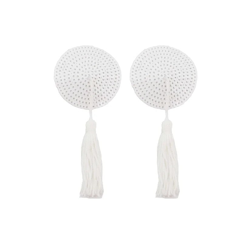 LoveinLeather–RoundSequinNipplePastieswithTassels(White/White)