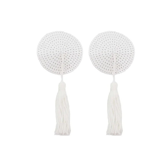 LoveinLeather–RoundSequinNipplePastieswithTassels(White/White)