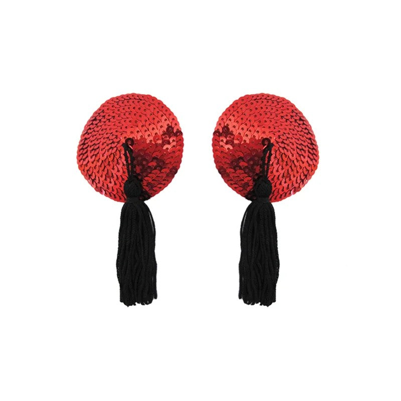 LoveinLeather–RoundSequinNipplePastieswithTassels(Red/Black)