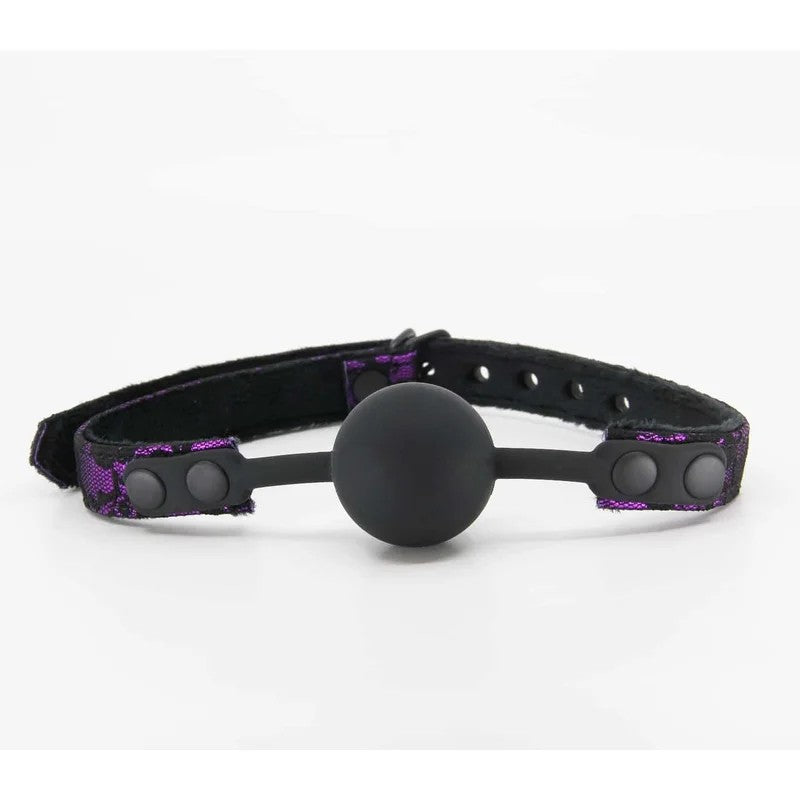 LoveInLeather–SatinandLaceSiliconeBallGag|Purple
