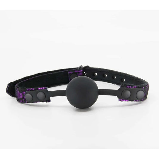 LoveInLeather–SatinandLaceSiliconeBallGag|Purple
