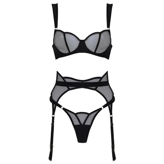 LoveInLeather–ScallopedBlackMesh&Satin3PieceLingerieSet|Medium