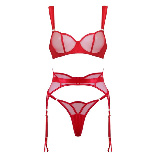 LoveInLeather–ScallopedRedMesh&Satin3PieceLingerieSet|Small