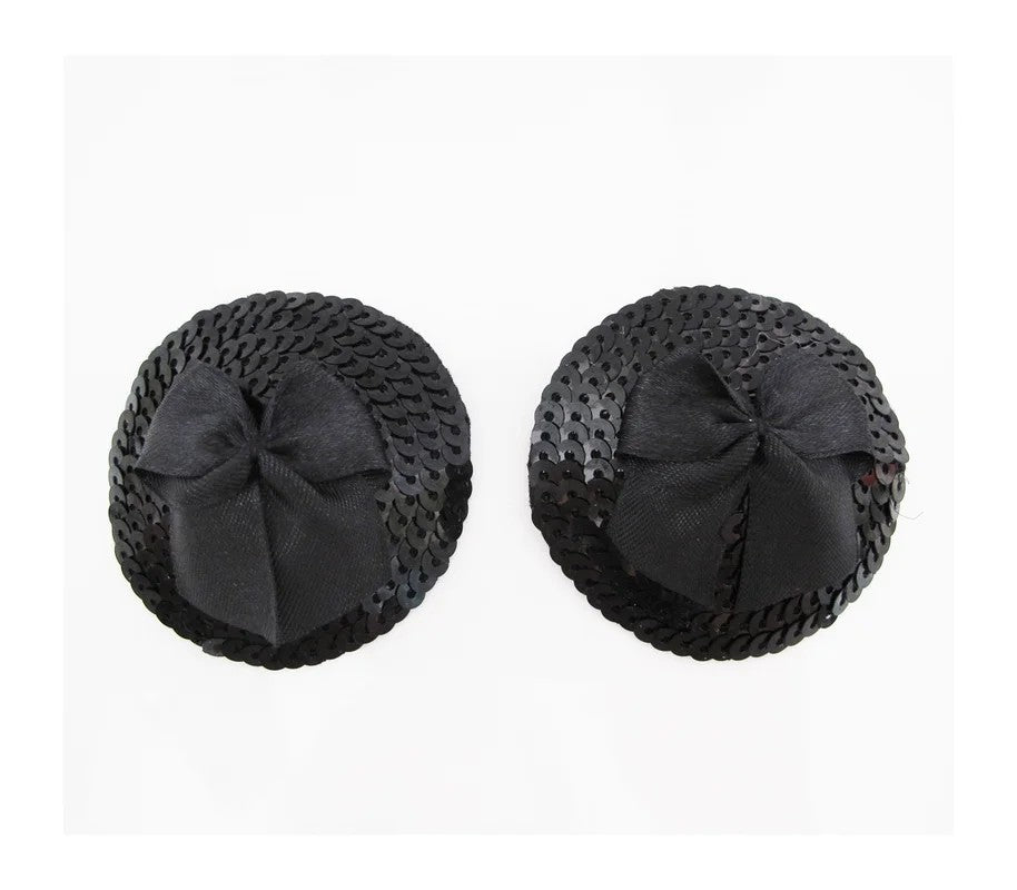 LoveInLeather–SequinRoundNipplePastieswithBow(Black)