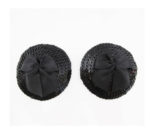 LoveInLeather–SequinRoundNipplePastieswithBow(Black)