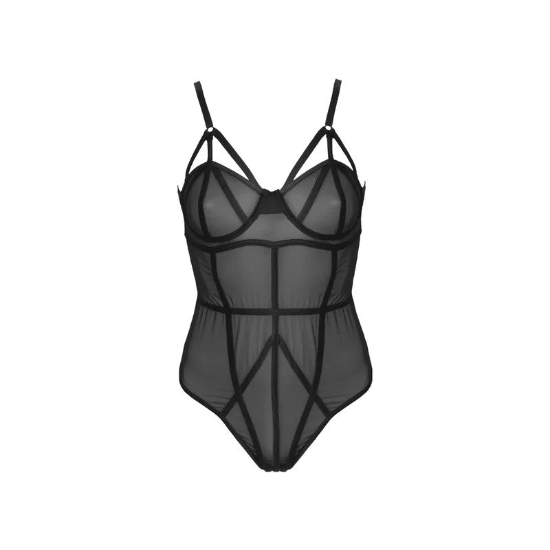 LoveInLeather–SheerBlackPanelledBodysuit|Large