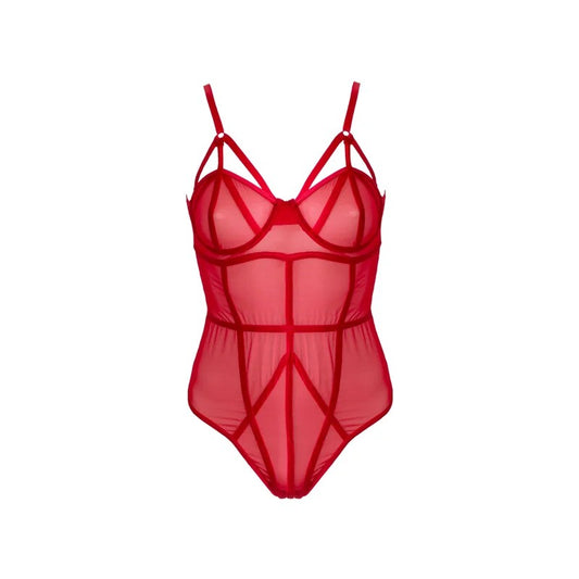 LoveInLeather–SheerRedPanelledBodysuit|Medium