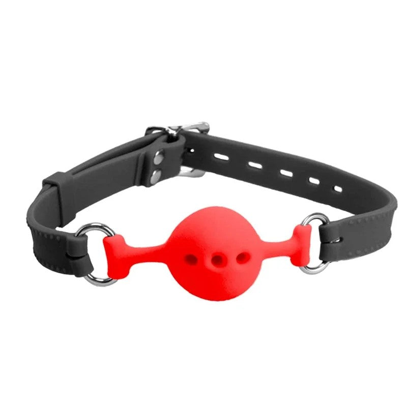 LoveInLeather–SiliconeGagWithPetiteBreathableBall|BlackAndRed