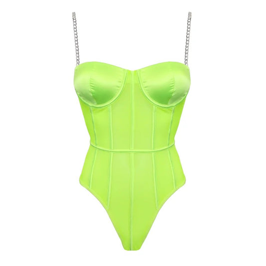 LoveInLeather–StructuredFluroGreenMeshBodysuitw/GoldChainStraps|Large