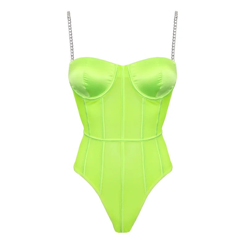 LoveInLeather–StructuredFluroGreenMeshBodysuitw/GoldChainStraps|Medium