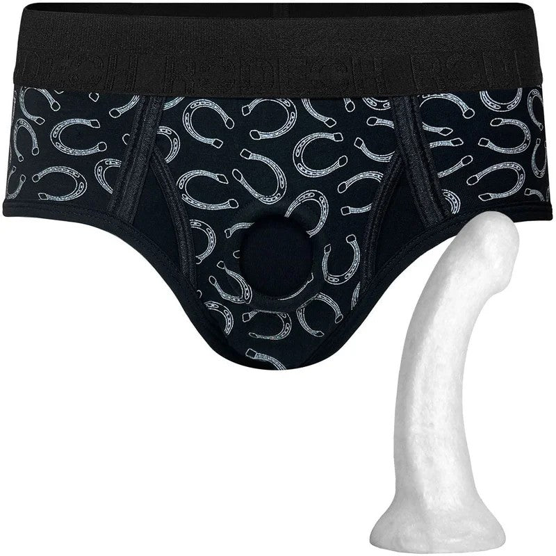 LuckyHorseshoesBrief+Harness&PearlContourSiliconeDildo–PackageDeal