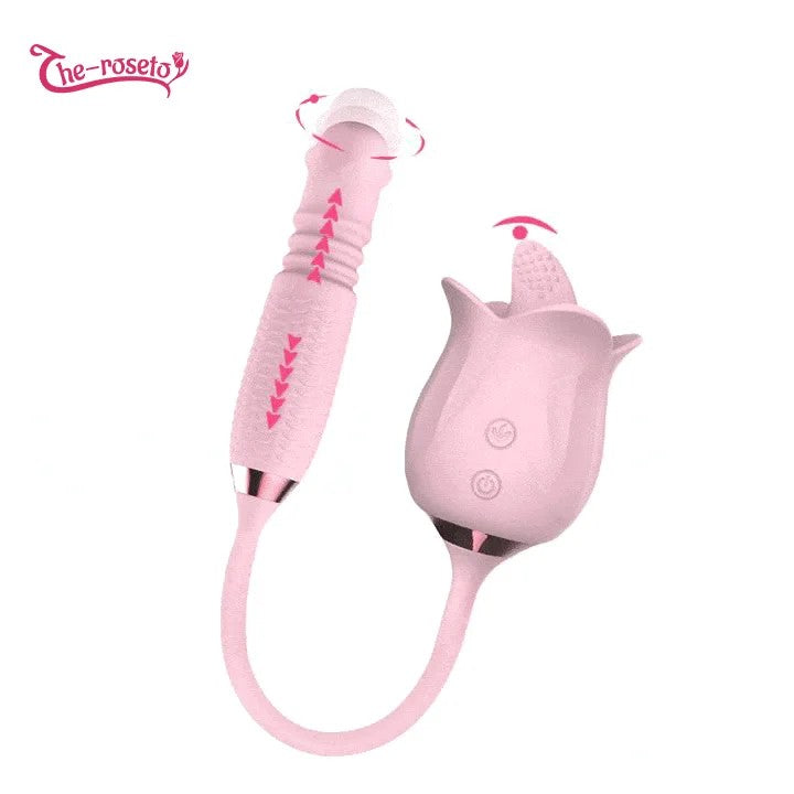 Lurevibe–3-in-1BloomingSexyPinkRoseToyRotatingPearlsTelescopicTongue-lickingVibrator