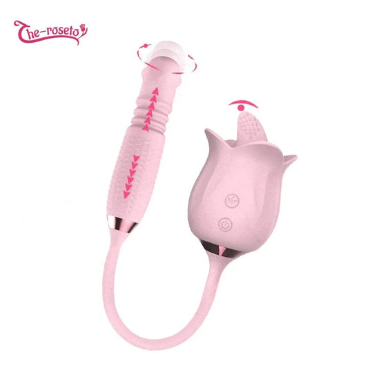 Lurevibe–3-in-1BloomingSexyPinkRoseToyRotatingPearlsTelescopicTongue-lickingVibrator