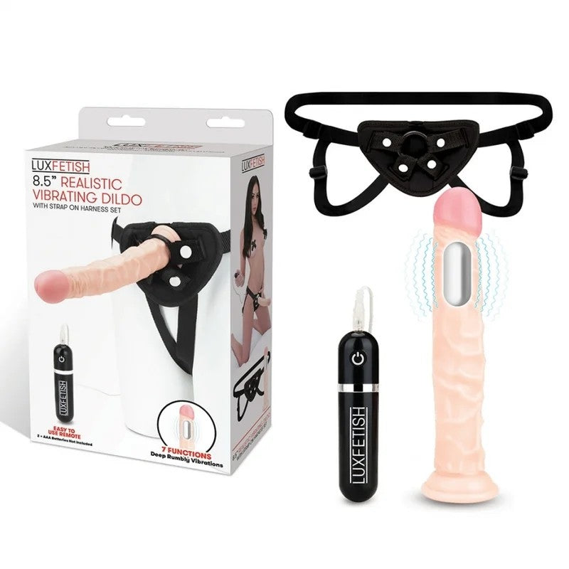 LuxFetish–8.5″RealisticVibratingDildoandHarness