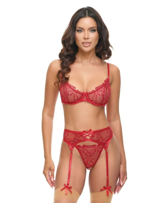 MariahEmbroideredLaceandMeshUnderwireBraw/Garter&G-String3pcSet–BurgundyXL