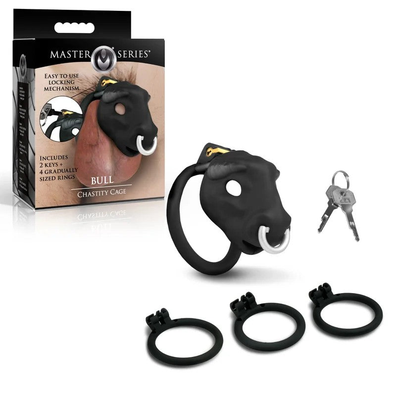 MasterSeries–“Bull”ChastityCagewith4Rings(Black)